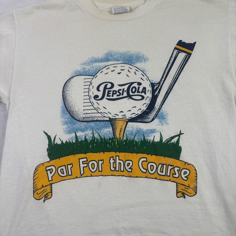 VTG Pepsi Cola Par For The Course White SS Graphic Shirt Distressed Men's LG - Picture 2 of 6